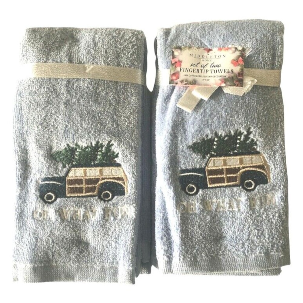 Christmas Fingertip Towels Woody Station Wagon Tree Embroidered Holiday Set of 2